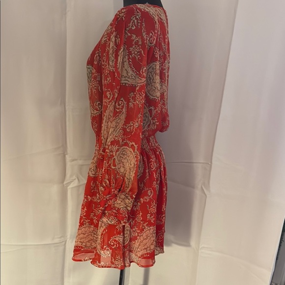 Red Paisley Long Sleeve Flowy Mini Dress. Size Small. - Picture 6 of 8